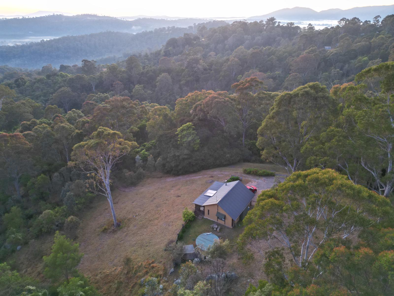 An aerial view of Mountain Cottage surrounded by thick forest.